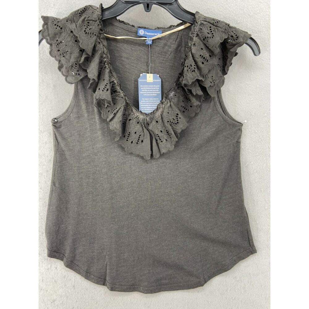 NWT Democracy Shirt Sz S Ash Gray Pullover Ruffle Cap Sleeves Lace V-Neck